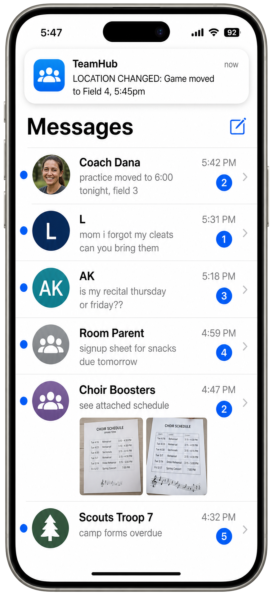 A phone full of practice changes, pickup questions, and a team app location change